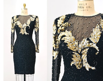 Sukienka wieczorowa z cekinami w stylu vintage z lat 80. i 90., rozmiar XS, czarna i złota, metaliczna, z cekinami // sukienka z długim rękawem z czarnego jedwabiu w stylu vintage