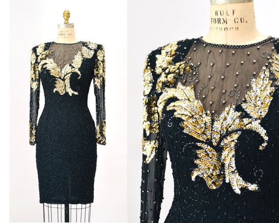 80s 90s Vintage Black Sequin Formal Party Dress Size Xs Small Black and Gold  Metallic Sequin Dress// Vintage Black Silk Long Sleeve Dress - Etsy Israel