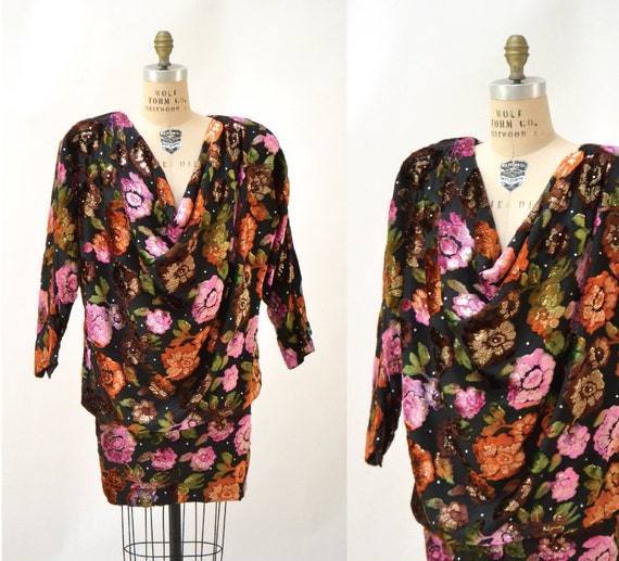 80s Vintage Floral Print Velvet Dress Medium Larg… - image 2