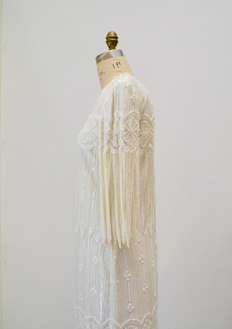 80s Does 20s Vintage Beaded Sequin Dress Cream Fringe Lace Dress Medium // Vintage Sequin Wedding Party Sequin Dress Mother of the Bride image 4