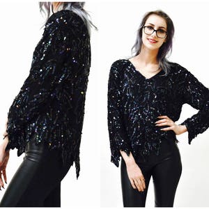 Vintage Metallic Sequin Shirt Black Art Deco Flapper Inspired Oil Slick// Vintage Flapper Inspired Beaded Shirt Top Black Sequins Small image 1