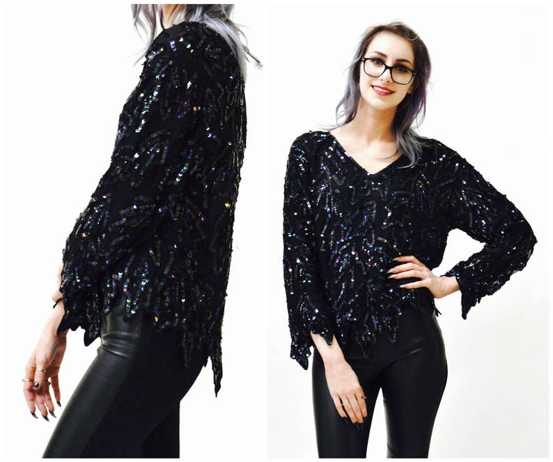 Vintage Metallic Sequin Shirt Black Art Deco Flapper Inspired Oil Slick// Vintage Flapper Inspired Beaded Shirt Top Black Sequins Small image 1