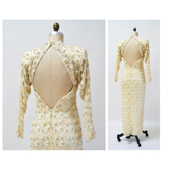 70s 80s Vintage Wedding Dress Cream Lace Long Sle… - image 10