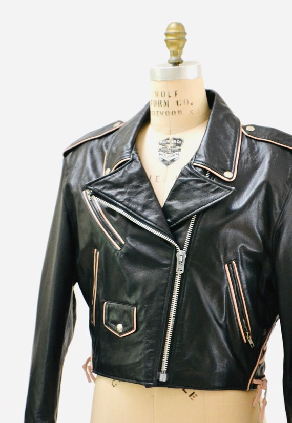 Vintage Black Leather Motorcycle Jacket Betty Boo… - image 3