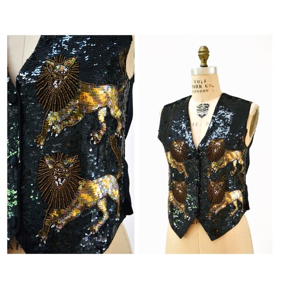 Vintage Black Sequin Vest Lions Animal Sequin Gold