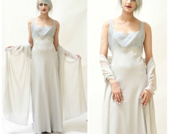 Vintage Silk Evening Gown Size Medium Grey SIlver// Vintage Beaded Evening Gown Silk Wedding Dress Bias Cut Silk By Antonio Gaul