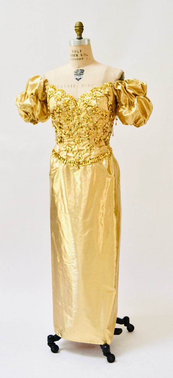 Gold Metallic 80's Prom Dress Evening Gown Medium… - image 8