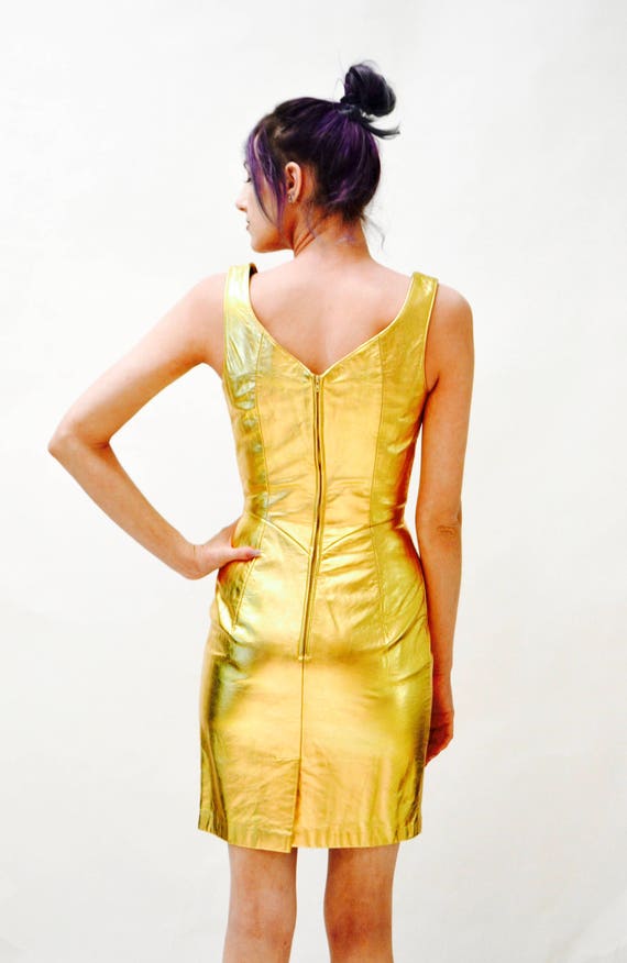 90s Metallic Gold Leather Dress by Michael Hoban … - image 4