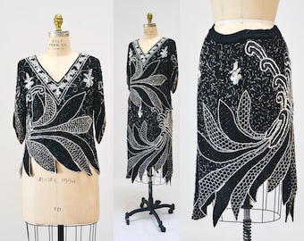 70s 80s Vintage Black Sequin Party Dress Sequin Top skirt 70s disco Flapper Party Sequin Dress Medium Large// Vintage Black Sequin top Skirt