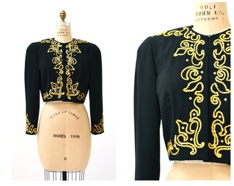 Années 80 années 90 Glam vintage Black Gold Jacket Strass Brodé veste métallique Medium // Black Cropped Jacket Steven Stoller Metallic Medium