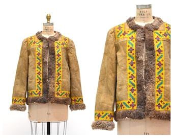 60s 70s Vintage Embroidered Shearling Afghan Jacket Penny Lane Small Medium// 70s Shearling Coat Suede Leather Fur Embroidered Jacket Small