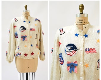 Vintage USA White Sequin Jacket American Flag Patch Jacket Large Jeanette Kastenberg// Vintage Sequin Jacket Bows USA America VOTE Peace