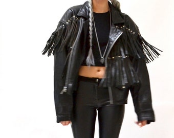 Vintage Black Leather Jacket with Fringe Size Medium Large// Vintage Black Leather Biker Jacket with Fringe size Large Motorcycle Jacket
