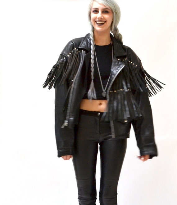 Plus Size Fringe Real Leather Biker Jacket