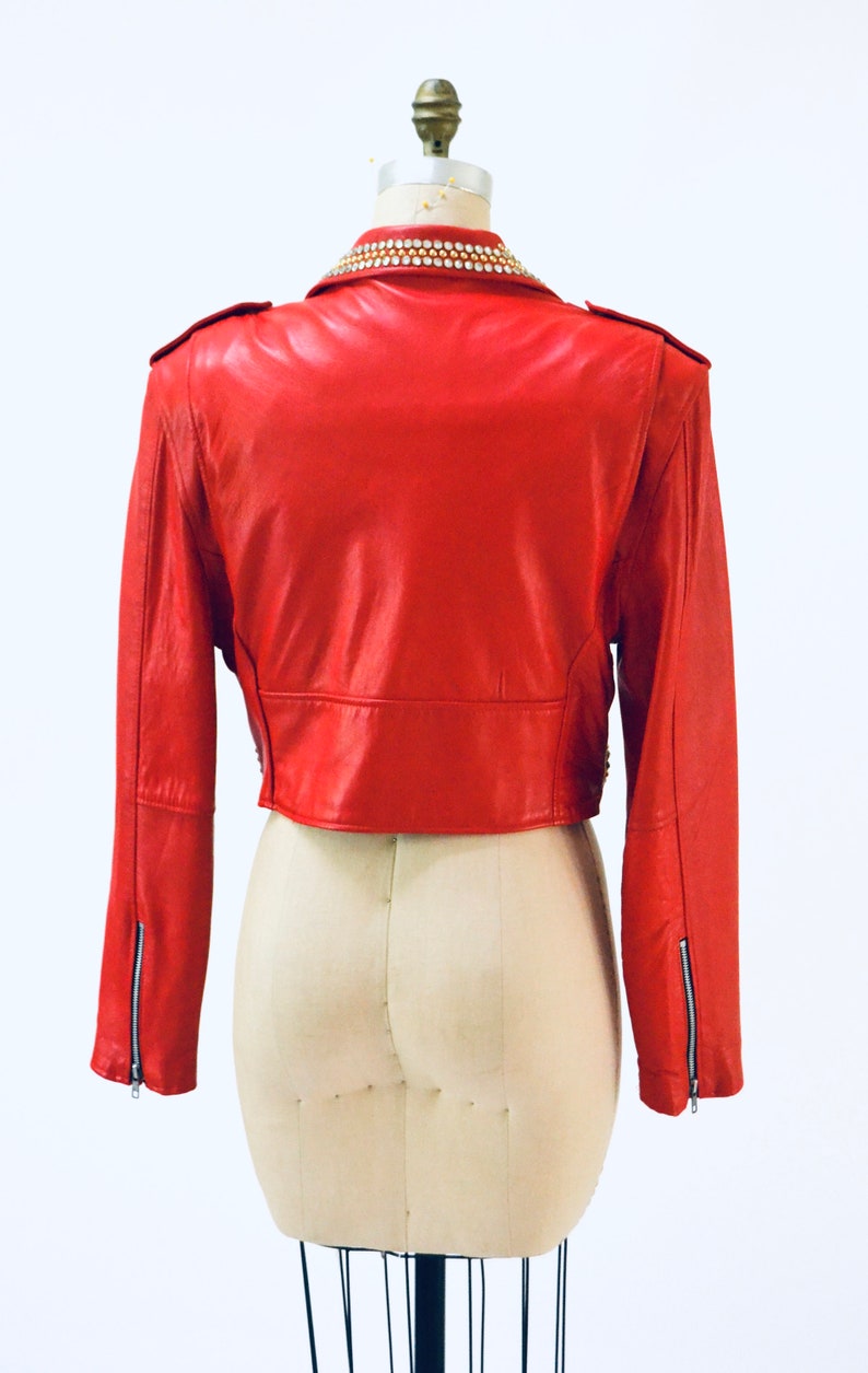Vintage Red Leather Biker Jacket With Rhinestones Gold Studs | Etsy
