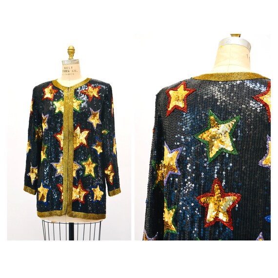 80s 90s Vintage Star Sequin Beaded Jacket Black G… - image 9