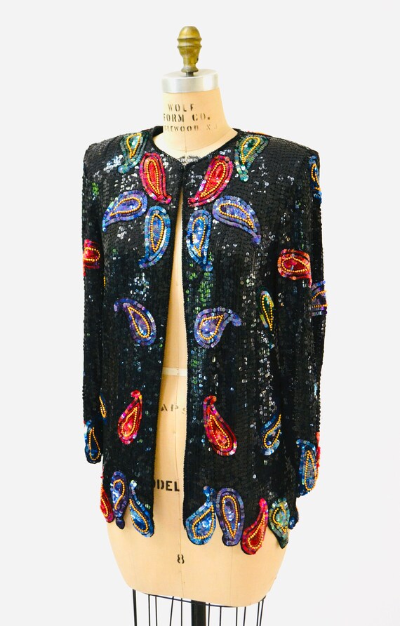 Vintage Black Sequin Jacket Paisley Beaded Jacket… - image 3