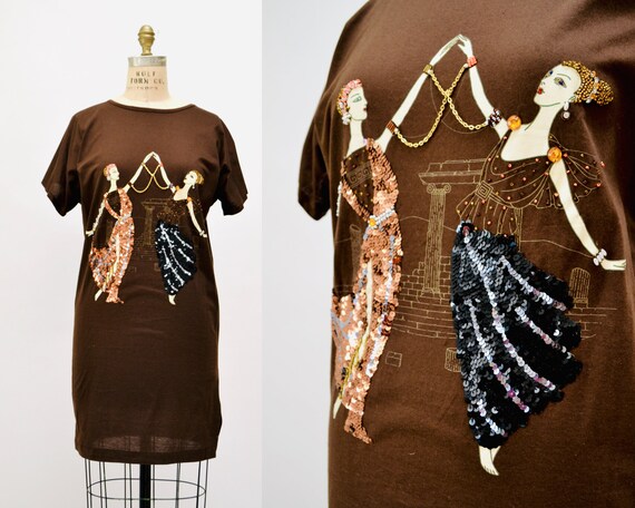 80s Vintage T Shirt Tunic Brown Beaded George Barbier Fashion Illustration Printed Sequin Beaded Erte Top Shirt French Art DIDIER RONSARD