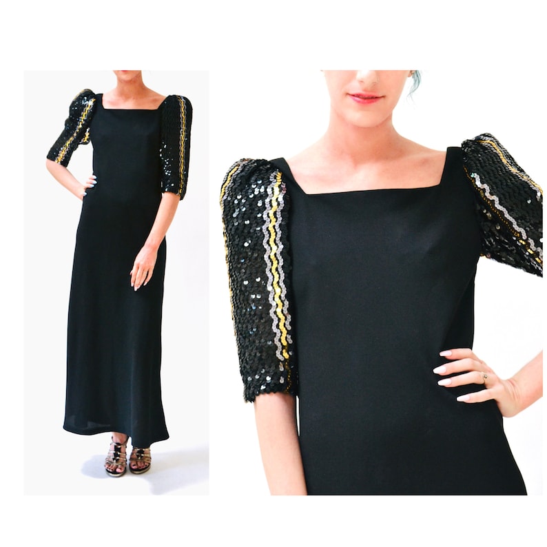 70s 80s Vintage Black Sequin Long Dress by Lillie Rubin Small Medium// Vintage Disco Metallic Silver Gold Black Sequin Dress Evening Gown image 1