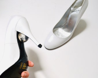 90s y2k Vintage Charles Jourdan Weiße High Heel Schuhe Pumps Größe 38 Made in France Weiße Hochzeit High Heels Klare lucite Ball Leder Heels