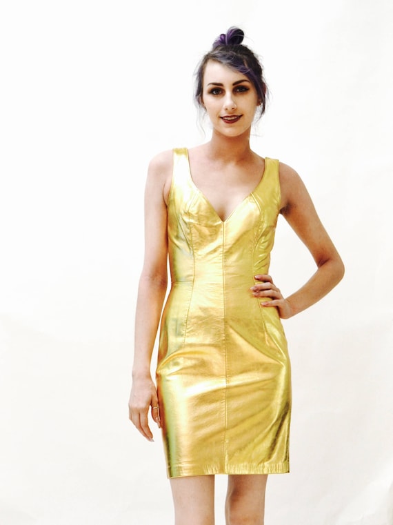 90s Metallic Gold Leather Dress by Michael Hoban … - image 2