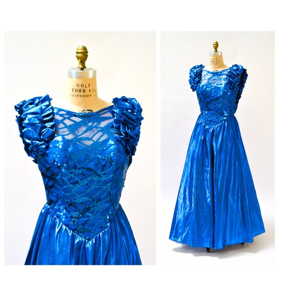 Vintage 80s Prom Dress Small Medium Metallic Blue