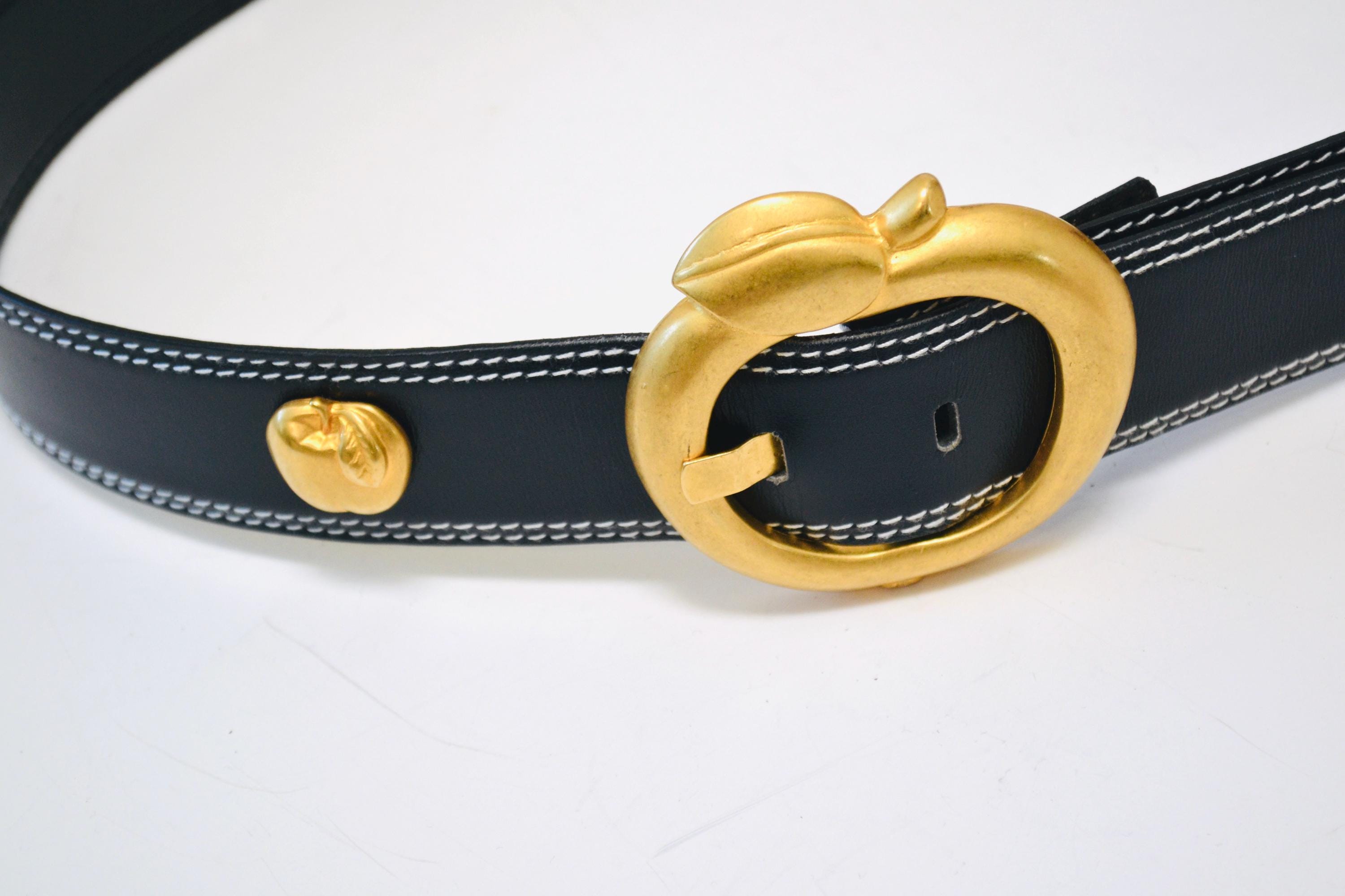 80s 90s Vintage ESCADA Apple Belt Gold Metallic Navy Blue Leather