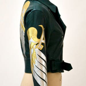 Vintage Leather Motorcycle Jacket and Pants by North Beach Michael Hoban// Vintage Green Gold Metallic Leather Moto Angel Wings Leather Suit image 10