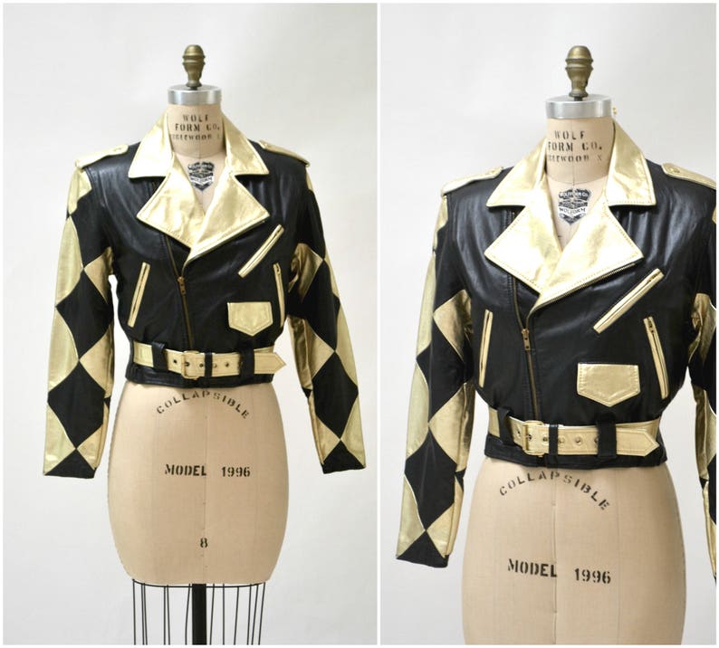 Vintage Leather Motorcycle Jacket in Metallic Gold and Black Checker Size Medium by Expose 90s Metallic Black and Gold Leather Jacket