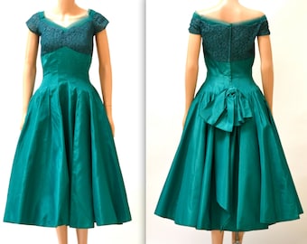 Vintage 1950s vestido de fiesta tamaño pequeño medio teal verde por Emma Domb / Crinoline 50s vestido de fiesta pequeño medio / 50s Vintage vestido de dama de honor