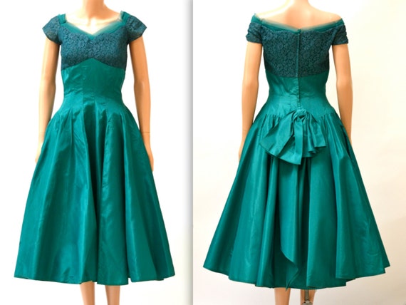 Vintage 1950s Prom Dress Size Small Medium Teal G… - image 1