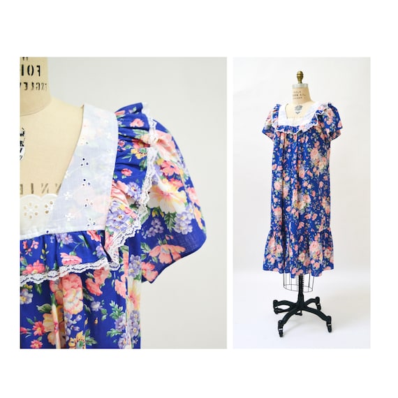 80s Vintage Floral Print Cotton Dress ...