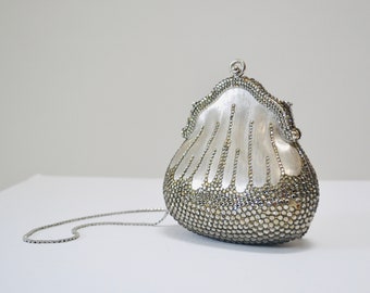 Vintage Silver Judith Leiber 1967 Chatelaine Minaudiere Swarovski Crystals Silver Hard Metal Clutch Bag wedding Purse By Judith Leiber