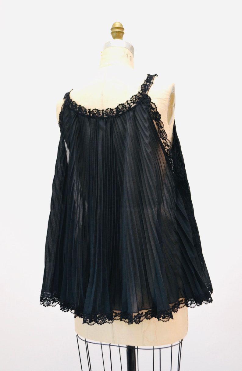 60s 70s Vintage Black Sheer Babydoll Pleated Nightgown Lingerie by Parisian Maid// Black Sheer Lingerie Night gown Black Honeymoon Maternity image 6