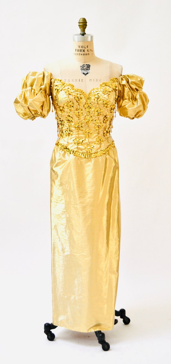 Gold Metallic 80's Prom Dress Evening Gown Medium… - image 7