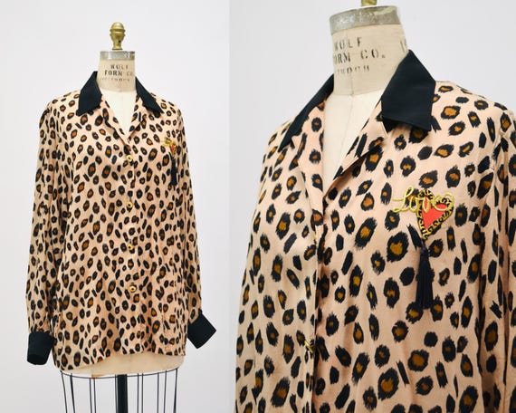 90s Animal Print Silk Shirt Leopard Print Silk Shirt Medium
