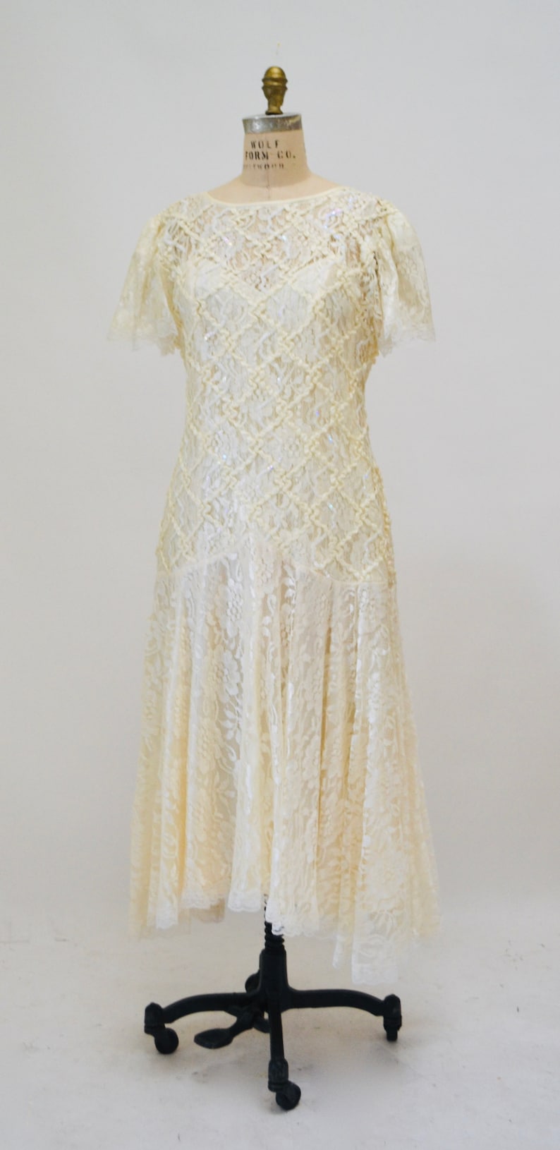 80s does 20s Vintage Lace Sequin Dress Medium Cream Off White// Vintage Sequin Lace Wedding Dress Boho Flapper Inspired Cream Lace Dress image 2