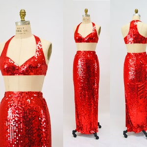 90s Vintage Red sequin Dress Bra Skirt Red sequin Vixen Sexy Party Prom Dress Small Medium Red Sequin 2 piece Crop Top Bra Long Sequin Skirt