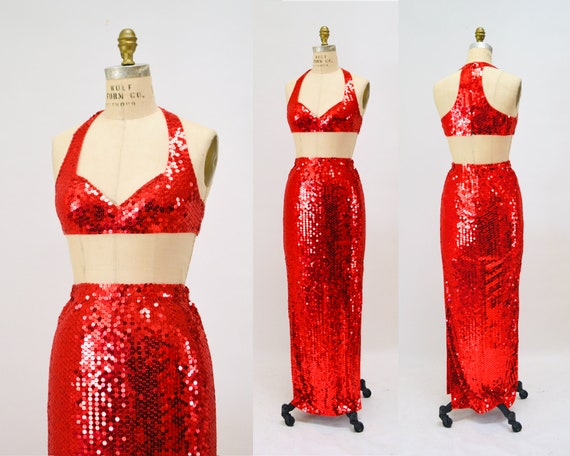 90s Vintage Red Sequin Dress Bra Skirt Red Sequin Vixen Sexy Party