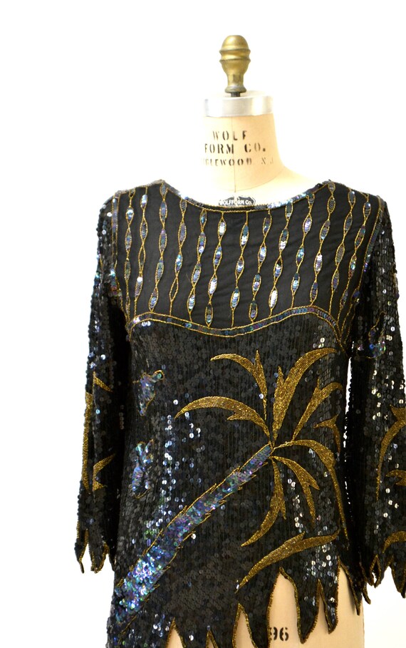 Vintage Metallic Sequin Shirt Black Art Deco Flap… - image 3