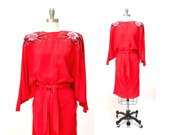 80s Vintage Red Silk Dress Size XS Small by Steph… - image 1