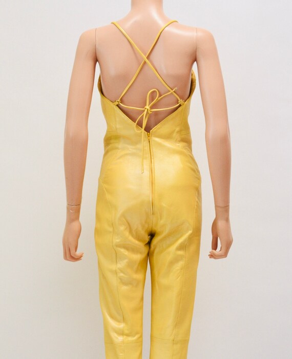 2000s Y2k Yellow Leather Jumpsuit Cat Suit Yellow Lea… Gem