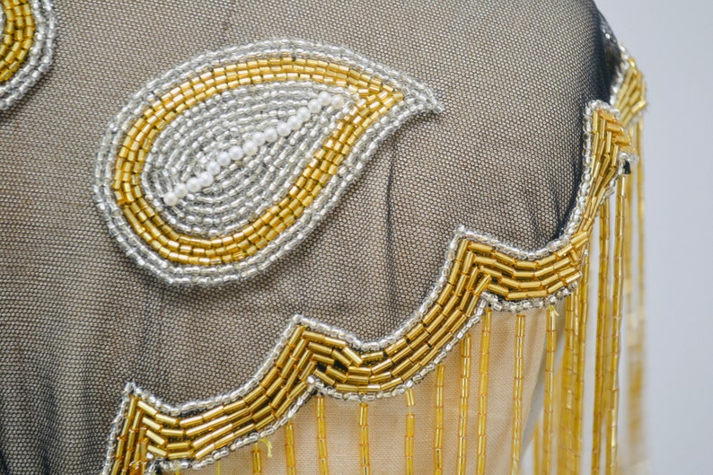 80s 90s Vintage Gold Black Beaded Fringe Shawl Wrap Burlesque Wedding Flapper Gold Metallic Beaded Vintage Fringe Collar Shawl Gold Flapper image 9