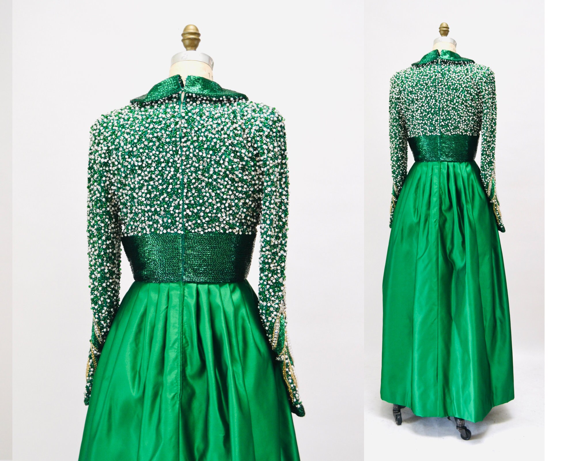 Vintage 90s Stephen Yearick Green Silk Beaded Sequin Ball
