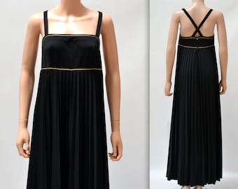 70s Vintage negro Maxi vestido negro y oro vestido largo pequeño // Vintage negro plisado Maxi vestido largo dama de honor vestido de noche Trevira