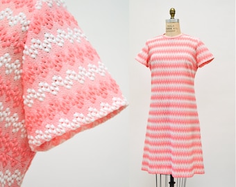 70s Pink Knit Dress Large 70s Pink White Knit Short Sleeve Dress Pink Crochet 70s Summer Knit Dress 70s Pink White Party Dress Sheer Knit