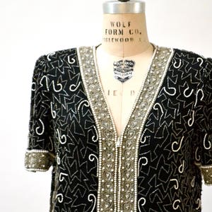 Vintage Black Beaded Shirt Jacket Top Size Large Silver Metallic Art Deco Jacket// 80s Trophy Sequin Jacket Shirt Large Laurence Kazar image 2