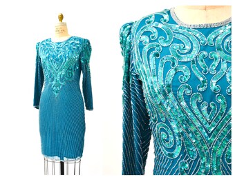 80s 90s Vintage  Blue Green Sequin Beaded Dress Flapper Inspired Cocktail  Dress Small in Teal Blue Long Sleeve 80s 90s Party Pageant Dress