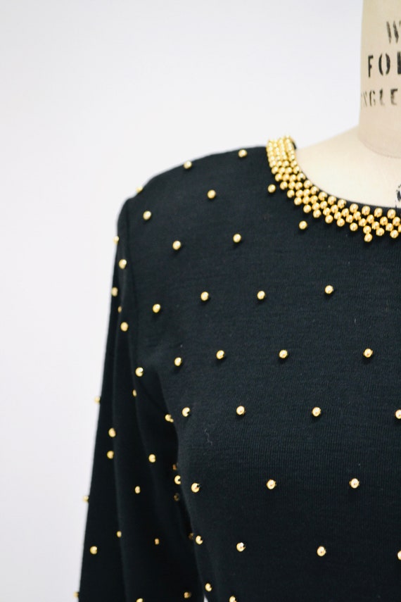 80s 90s Vintage Black Beaded Dress Gold Metallic … - image 10