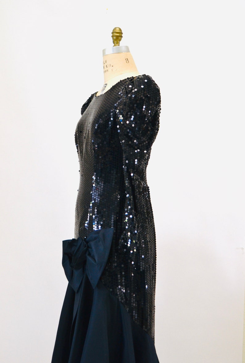 80s 90s Black Vintage Sequin Dress Evening Gown Medium// 80s Pageant Dress Black Sequin Ball Gown Dress Long Sleeve Conservative Nadine image 4